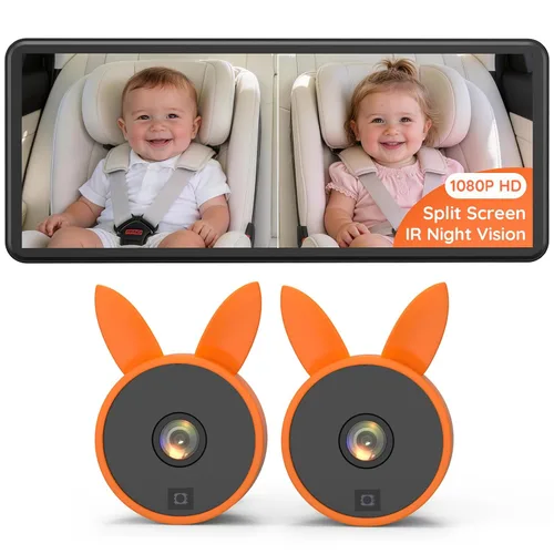 Miniatura 10 de Babyvue BV3PRO Cámara Dual para Coche de Bebé para 2 Niños, Pantalla Dividida HD 1080P de 18.3 cm, Visión Nocturna IR Cristalina sin Distorsión