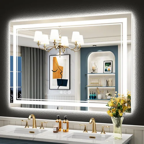 Miniatura 54 de 30x36 Espejo de baño LED con luces, retroiluminado y luz frontal, espejo de tocador iluminado antivaho para pared de baño, 3 colores, regulable
