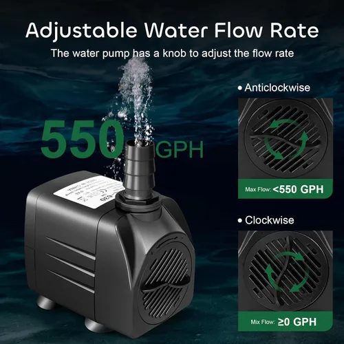 Miniatura 2 de GROWNEER Bomba sumergible de 550GPH, bomba de agua de fuente de 30W, 2000L/H, con 7.2 pies de elevación, 3 boquillas para acuario, pecera, estanque