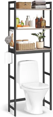 Miniatura 8 de SONGMICS Almacenamiento sobre el inodoro, organizador de baño de 3 niveles sobre el inodoro con estantes ajustables, ganchos, bambú, estantes
