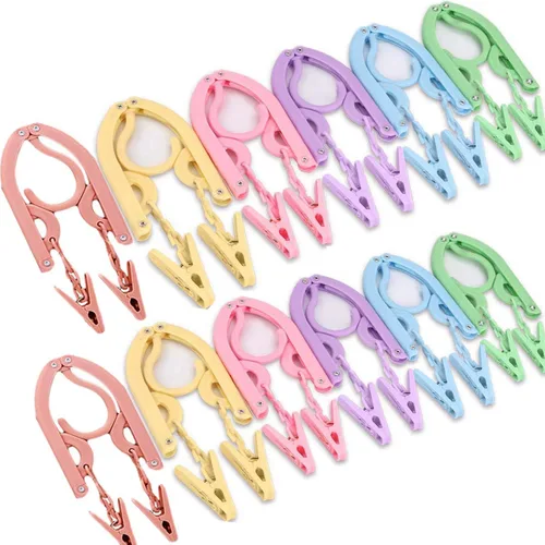 YOUOWO 12 perchas de viaje con 24 clips, perchas plegables portátiles para ropa para bufandas, trajes, pantalones, camisas, calcetines, ropa interior