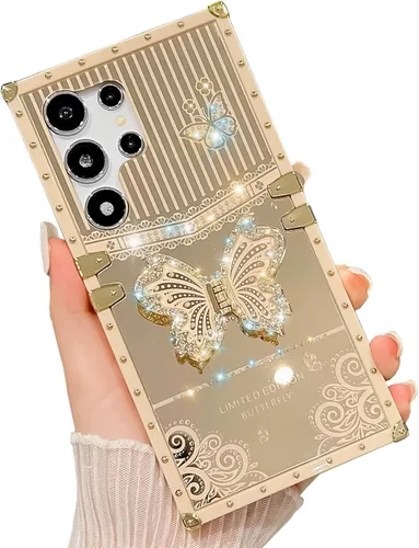 Miniatura 28 de Bonita funda compatible con Samsung Galaxy S22 Ultra, soporte plegable de lujo con diseño de mariposa brillante para mujeres y niñas, funda Blanco