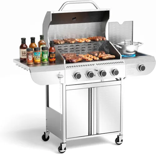 Miniatura 10 de Barbacoa de 3 quemadores de gas propano con quemador lateral, parrilla de barbacoa de acero inoxidable con rejillas de hierro fundido esmaltadas