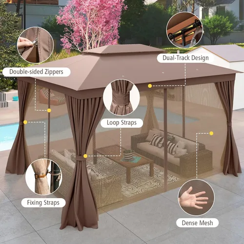 Miniatura 7 de Tangkula Cenador exterior de 10 x 13 pies, kiosco de metal para patio con malla y cortinas de privacidad, marco de metal resistente, ventilación