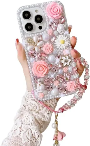 Miniatura 11 de para iPhone Xs/X Funda Bling, Funda de Lujo con Flores de Rincón de Cristal con Purpurina de Diamante y Perla para Mujeres, Niñas y Niños con Cordón
