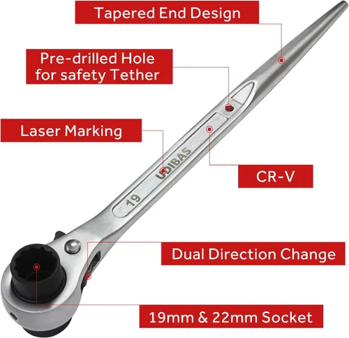 Miniatura 5 de 19 mm × 22 mm (o 3/4" x 7/8") Llave de trinquete de podger de doble extremo con carraca de 12 puntos de grado profesional para andamio, plata