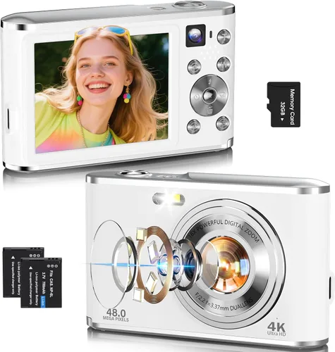 Cámara digital 4K, enfoque automático de 48 megapíxeles, cámara de vlogging para fotografía, compacta para apuntar y disparar digital con zoom de