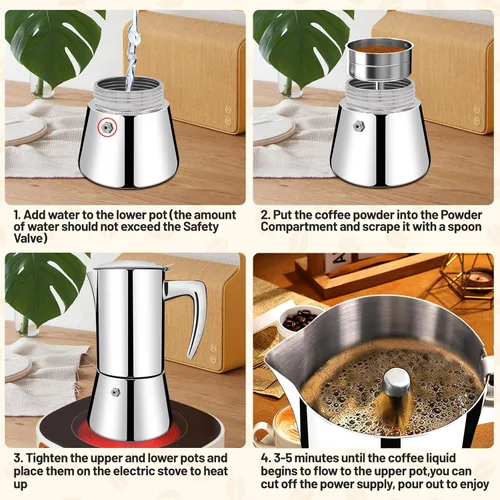 Miniatura 5 de Sin revestimiento 4 tazas de acero inoxidable 304 espesado Moka Pot Estufa Cafetera de café italiano 6.8 fl oz 6.8oz Adecuado para estufa