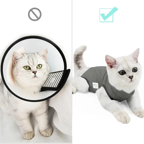 Miniatura 2 de DOTON Traje de recuperación para gatos macho y hembra, ropa suave para después de la cirugía, mono con cono blando, camisa, ropa protectora, Gris