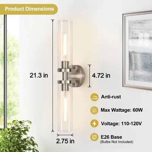 Miniatura 4 de Juego de 2 apliques de pared, apliques de baño de níquel cepillado cableados con vidrio transparente, apliques modernos para decoración de pared