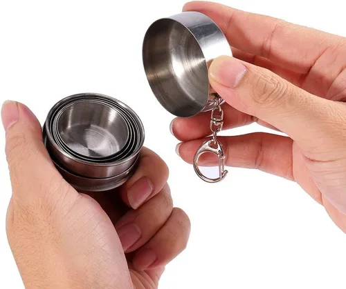 Miniatura 5 de Walfront Taza plegable de acero inoxidable con llavero, vaso de chupito portátil retráctil para camping, senderismo, beber al aire libre