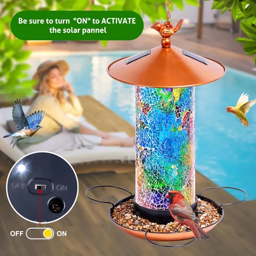 Miniatura 5 de XDW-GIFTS Comedero solar de mosaico, forma de linterna impermeable con gancho y 4 luces LED, decoración de jardín para césped, patio, balcón, adorno