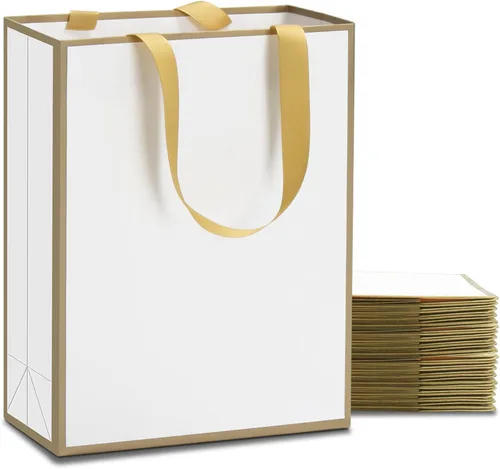 Bolsas de regalo de tamaño mediano con asas de cinta, 10 bolsas de regalo blancas de 8 x 4.25 x 10.5 pulgadas con marco delgado dorado, bolsa de