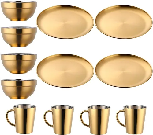 Juego de platos y cuencos, platos de acero inoxidable, tazones, tazas, juego de vajilla de cocina para 4 (dorado, plato de 9 pulgadas/cuenco/tazas