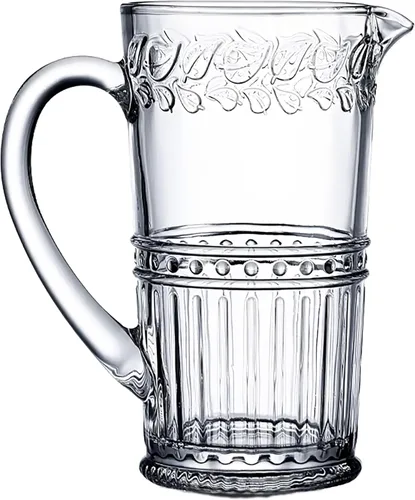 Jarra de vidrio estilo vintage, 34 onzas, patrón decorativo en relieve, transparente