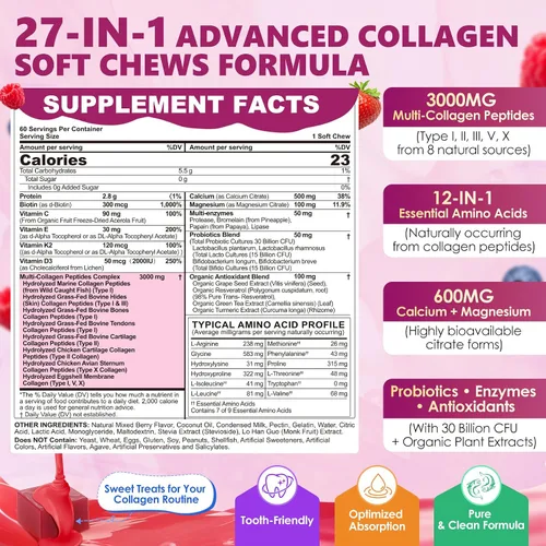 Miniatura 2 de Gomitas de colágeno + masticables suaves de biotina de 3000 mg para mujeres y hombres, péptidos de colágeno ultra hidrolizados que aumentan tipo I