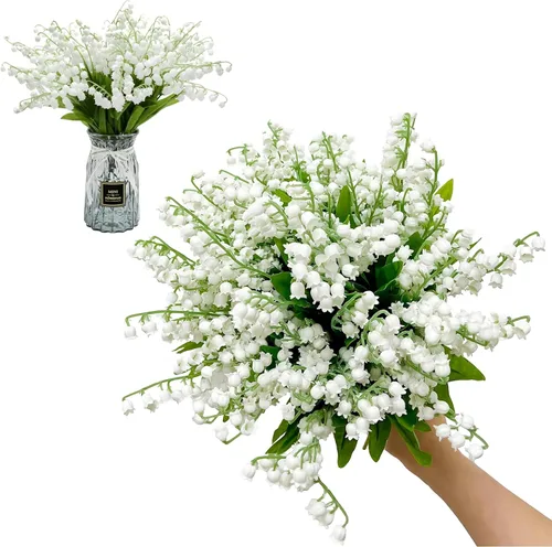 Miniatura 7 de Qivine 6 flores artificiales de lirio de los valles, orquídea blanca y blanca, planta de lirio del valle, ramo de boda, flores de látex, flora