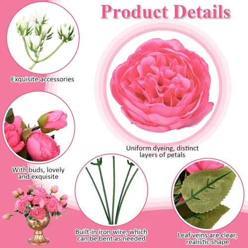 Miniatura 3 de Hoteam 24 paquetes de flores artificiales de peonías artificiales para boda, ramo de peonías de seda, arreglos florales falsos para novia, arreglos