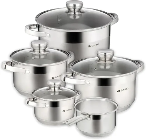 Miniatura 16 de Daniks Juego de utensilios de cocina estándar de acero inoxidable de 11 piezas con tapas de vidrio, incluye cacerola con tapa y sartén, bases