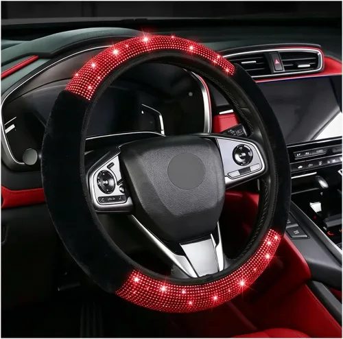 Miniatura 8 de Funda para volante con destellos para mujeres y niñas, cubierta de volante de diamantes de imitación de color negro con brillantes de piel