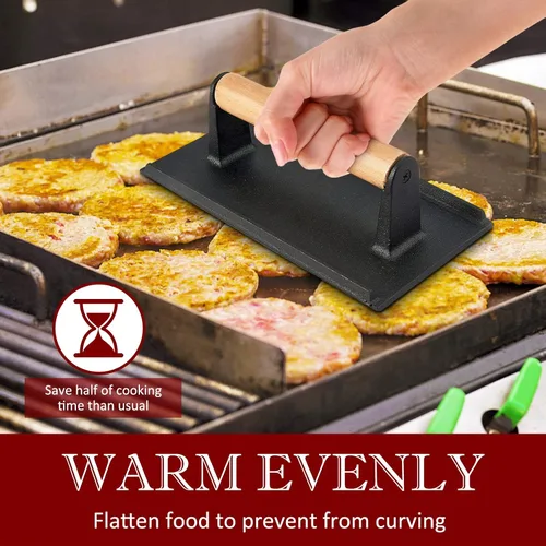 Miniatura 3 de HaSteeL Prensa de tocino de hierro fundido, prensa de hamburguesa para plancha Teppanyaki de parte superior plana, prensa redonda resistente de 7