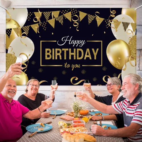 Miniatura 3 de Blulu Cartel de feliz cumpleaños negro y dorado grande para fotos, telón de fondo de tela con purpurina para suministros de decoración de fiesta