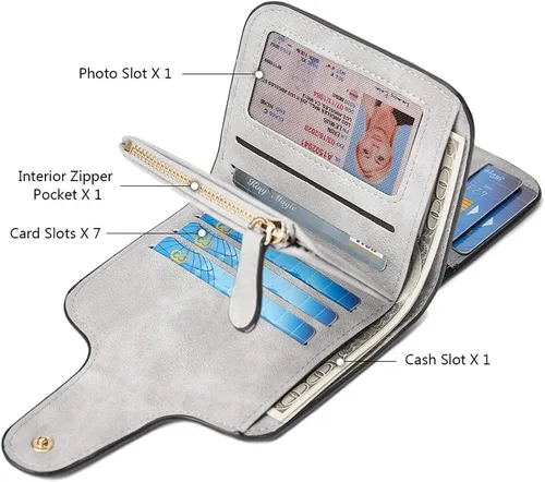 Miniatura 4 de KELEEL Cartera de cuero para mujer, monedero de embrague para tarjetas de crédito, soporte para monedas, plegable, Gris corto, Classic