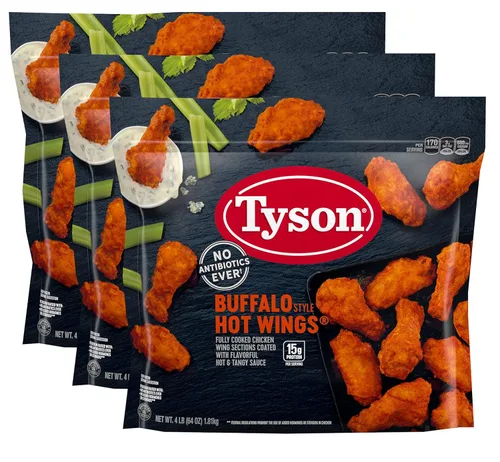 Tyson Alitas de pollo con hueso estilo búfalo totalmente cocidas, con sabrosa salsa picante y picante, 0.55 onzas de proteína por porción, paquete
