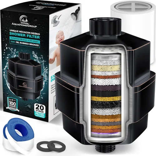 Miniatura 12 de AquaHomeGroup Filtro de ducha de 20 etapas, reduce el cloro, los metales pesados y los sedimentos, vitamina C y E, alto rendimiento, ajuste Negro