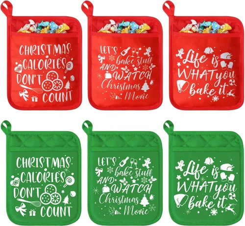 6 agarraderas de Navidad con bolsillo para cocina, almohadilla caliente, manoplas de horno de granja, bolsa de galletas para regalo de Navidad, verde