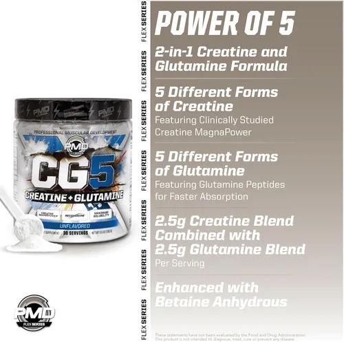 Miniatura 5 de PMD Sports CG5 Polvo Premium de Creatina y L Glutamina, Recuperación de Energía, Construcción de Músculo Delgado, Aumento del Rendimiento en Sin
