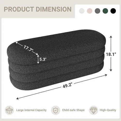 Miniatura 2 de Busaurus Banco Otomán de Almacenamiento de 49.2 Pulgadas, Banco de Almacenamiento de Tela Tapizado para Dormitorio, Pie de Cama, Otomán Ovalado Negro