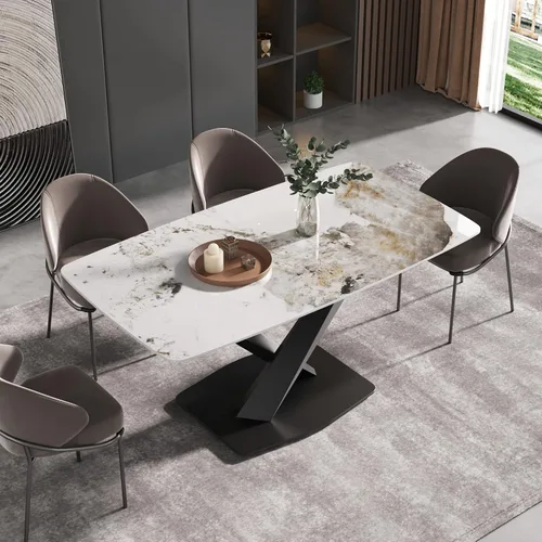 Mesa de comedor moderna, mesa de comedor de piedra sinterizada blanca antigua con base de acero al carbono sólido en forma de X, mesa de comedor