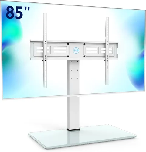 Miniatura 11 de FITUEYES Soporte universal para TV con soporte giratorio para pantallas planas de 50 a 85 pulgadas, base de vidrio templado ajustable en altura que