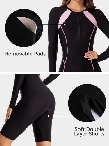 Miniatura 5 de ECUPPER Traje de baño de una pieza de manga larga para mujer, con cierre Boyleg, protector de erupción, cobertura de traje de baño de surf, traje