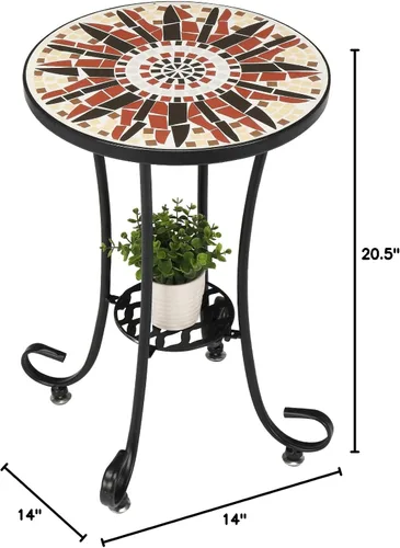 Miniatura 3 de VINGLI Mesa auxiliar de mosaico para exteriores, mesa auxiliar redonda de 14 pulgadas, mesa decorativa, con parte superior de azulejos de cerámica