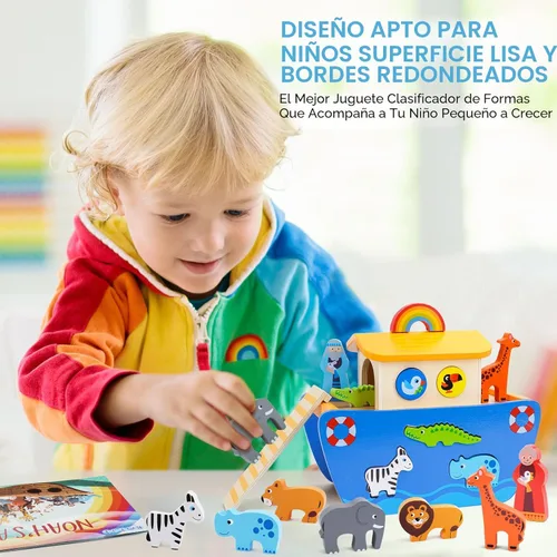 Miniatura 5 de KMTJT Juego de animales de juguete de madera del arca de Noé para niños pequeños, regalos de bautismo para niños de 1, 2, 3, clasificador de formas