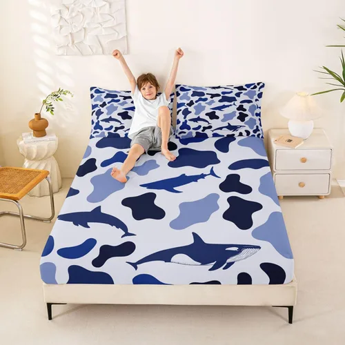 Miniatura 3 de Manfei Juego de sábana bajera de camuflaje de animales marinos, 2 piezas, diseño de camuflaje de tiburones y ballenas, con 1 funda de almohada