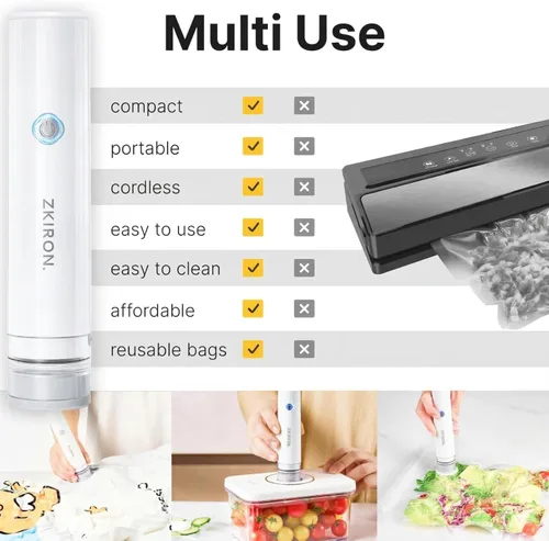 Miniatura 6 de ZKIRON Sellador al vacío compacto para alimentos: potente máquina selladora al vacío de mano con 12 bolsas de vacío reutilizables, 5 veces