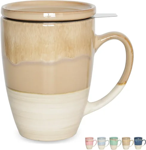 Bosmarlin Taza de té de cerámica con infusor y tapa, 13.5 onzas, 5 colores a elegir, apta para lavavajillas y microondas, esmalte reactivo, taza de