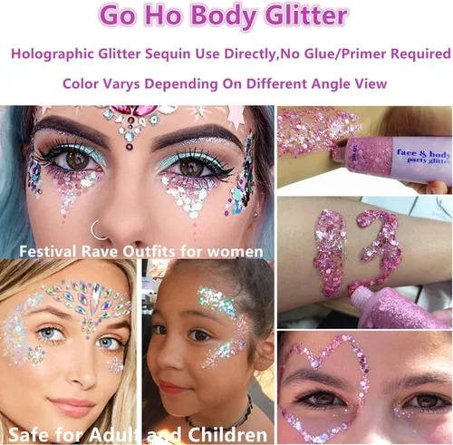 Miniatura 6 de Go Ho Gel de purpurina corporal rosa y 2 aretes de corazón para mujer, brillantes holográficos y lentejuelas gruesas con purpurina y aretes
