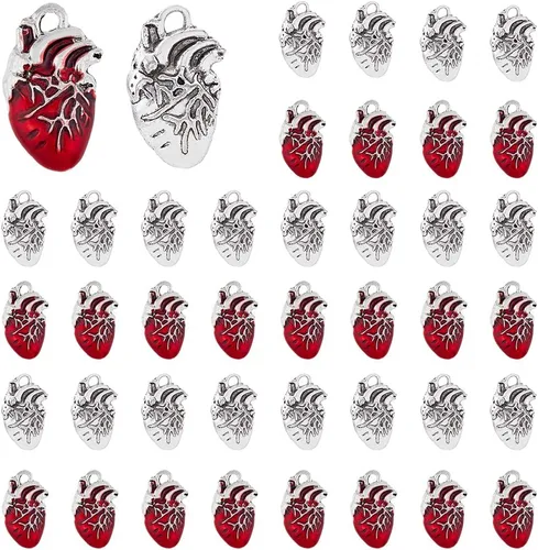 DICOSMETIC 60 dijes de corazón rojo de aleación, 2 colores, dijes anatómicos de corazón 3D, dijes de órgano de corazón tibetano, colgantes de