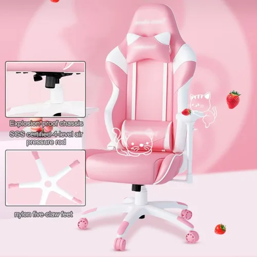 Miniatura 7 de Silla ergonómica para juegos de PC, silla de oficina fresca y tierna, color rosa para niñas, silla gamer, gran ángulo de 160°, puede acostarse