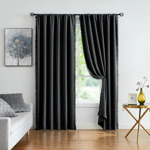 Treatmentex - 2 cortinas medio opacas, con pompones, de color negro, de 45 pulgadas, con bolsillo para cortinero y cortas para ventana pequeña,