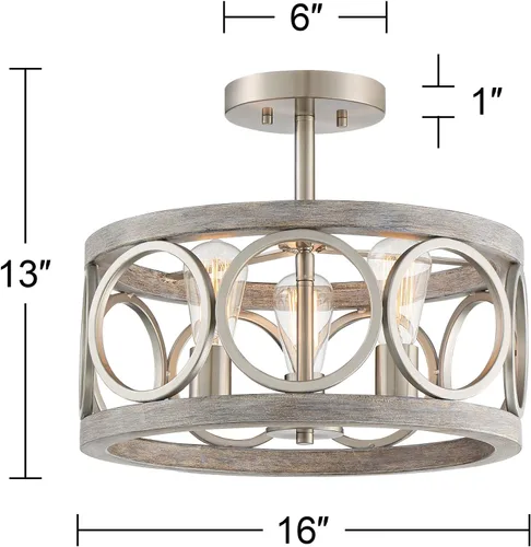 Miniatura 4 de Franklin Iron Works Salima - Lámpara de techo industrial rústica de 16 pulgadas de ancho, 3 luces con acabado de madera gris níquel cepillado