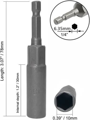 Miniatura 3 de Llave de vaso de 1/4 de pulgada con vástago hexagonal profunda, adaptador de llave eléctrica, herramienta de taladro de tuerca, 2 piezas (0.394 in)