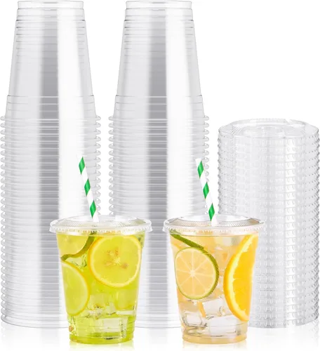 [Paquete de 100] Vasos de plástico transparente de 12 onzas con tapas planas ranuradas, vasos desechables para bebidas frías heladas, café, té,