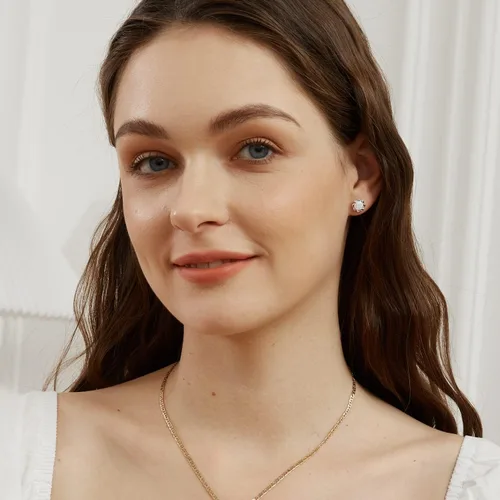 Miniatura 2 de Pendientes de tuerca chapados en oro blanco con ópalo de flores hipoalergénicos, regalo de joyería para mujer, Latón Gema, Piedra natal de ópalo