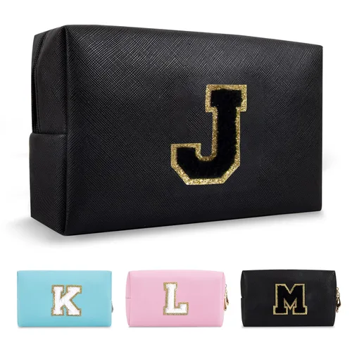 Miniatura 310 de Pequeña bolsa de maquillaje personalizada con inicial A-Z Preppy Patch, bolsa de cosméticos de viaje de felpilla blanca con cremallera, bonita bolsa
