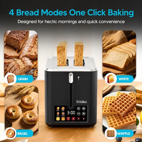 Miniatura 7 de Trisiko® Tostadora de pantalla táctil de 2 rebanadas, tostadora inteligente con temporizador digital, ranuras extra anchas de 1.38 pulgadas para pan